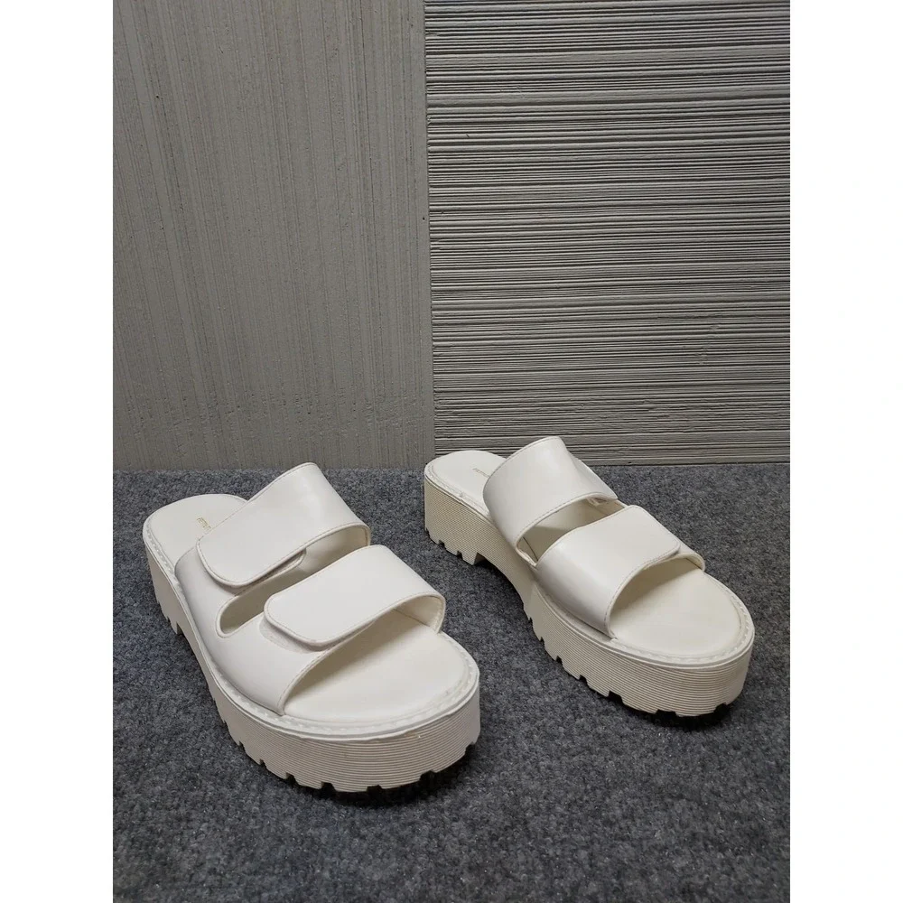 PrettyLittleThing Women Slide Shoe 7 White Double Strap Open Toe Summer Beach